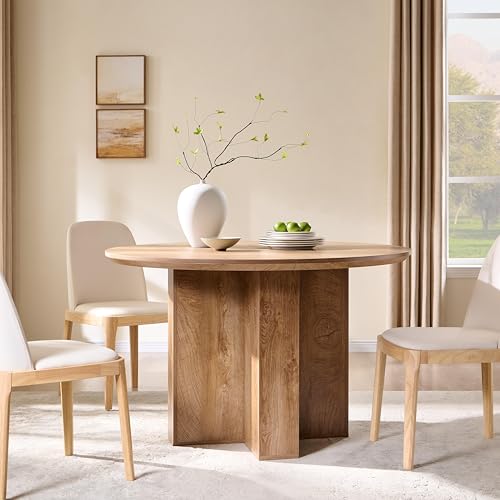 OKD 47" Round Dining Table for 4 People, Modern Pedestal Kitchen Table with Stable Cross Base & Thick Wood Top, Circle Dinner Table for Dining Room, Kitchen, Living Room, Light Tree Knot (Table Only) OKD