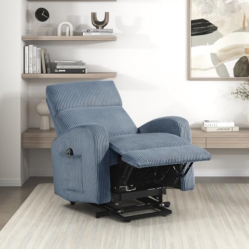 Lexicon Power Lift Recliner Chair for Elderly with Remote Control, Gentle Lift Motion, Side Pocket Armrest, Corduroy Upholstered Electric Recliner for Living Room/Bedroom, Easy Assembly, Midnight Blue