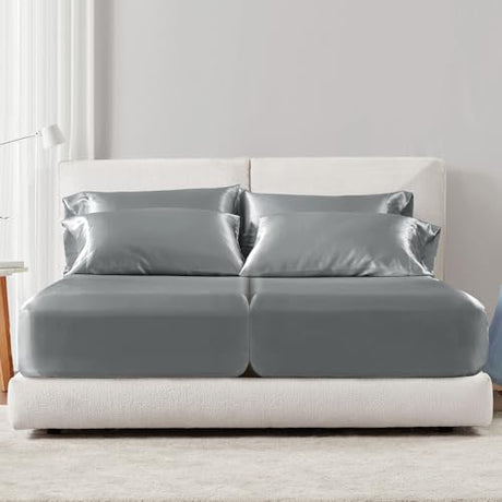 Madison Park Satin Sheets Split King Size, Luxurious Silky Bed Sheets, Elastic 14" Pocket fits up to 16" Mattress, Wrinkle-Free, Soft Satin Bed Sheet Set, Grey 7 Piece Madison Park
