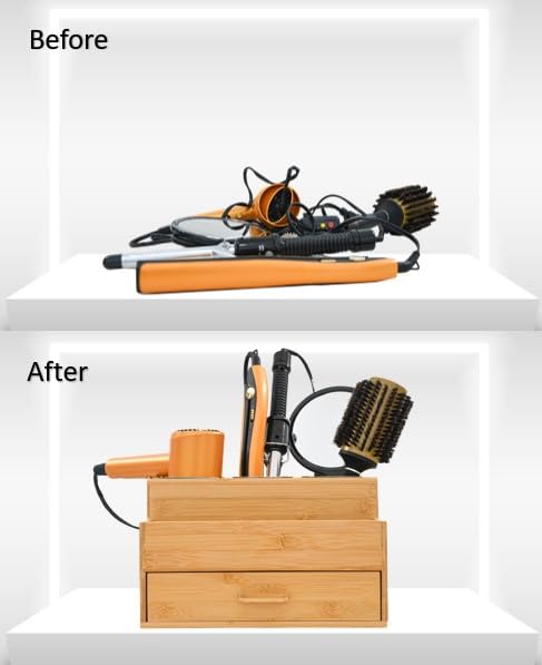 Harzen Brothers Hair Tool Organizer, Bamboo, Styling Holder, Bathroom Countertop Blow Dryer Holder, Vanity Caddy Storage Stand for Accessories, Makeup, Toiletries Harzen Brothers