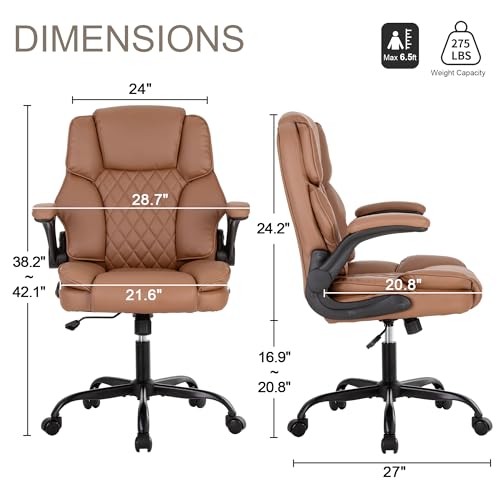 BOWTHY Office Desk Chair,Mid Back Executive Leather Chair,Ergonomic Home Computer Chair,Modern Conference Room Chairs with Adjustable Flip-Up Arms and Rocking Function (Brown) BOWTHY