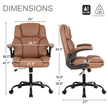 BOWTHY Office Desk Chair,Mid Back Executive Leather Chair,Ergonomic Home Computer Chair,Modern Conference Room Chairs with Adjustable Flip-Up Arms and Rocking Function (Brown) BOWTHY