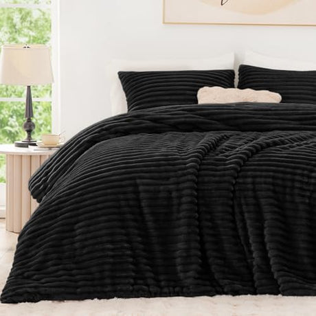 EXQ Home Fluffy Comforter Set Twin Size - Super Soft Faux Fur Stripe Jacquard Comforter 2 Pieces, Black Fleece Bedding Set,Winter Warm Bed Set,1 Comforter with 1 Pillowcase EXQ Home