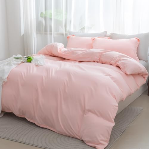 SheRest Pink Duvet Cover Twin Size - Soft Brushed Microfiber, 1 Duvet Cover 68x90 Inches with Zipper Closure 8 Ties & 1 Pillow Sham, Breathable Bedding Set for All Season (No Comforter) SheRest