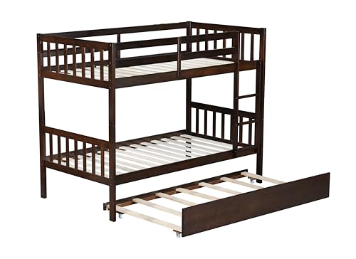 Bellemave Twin Over Twin Bunk Bed with Trundle,Convertible Bunk Beds with Ladder & Safety Guardrails,Twin Size Bunk Beds for Kids Girls Boys,Espresso Bellemave