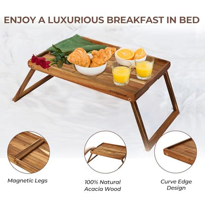 PANDAWOOD Wooden Bed Tray Table with Folding Legs - 100% Acacia Wood Breakfast Tray - Folding Bed Table Tray for Eating and Laptop - Large Bed Desk - Foldable Lap Desk for Laptop on Couch or  - WoodArtSupply