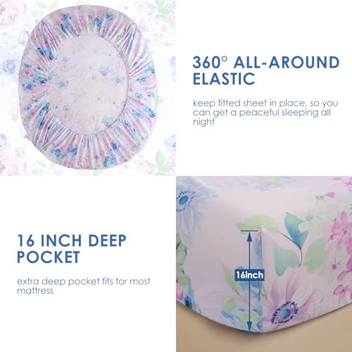 JSD Purple Hydrangea Floral Sheet Set Twin Size, 3 Piece Printed Microfiber Bed Sheets Deep Pocket JSD