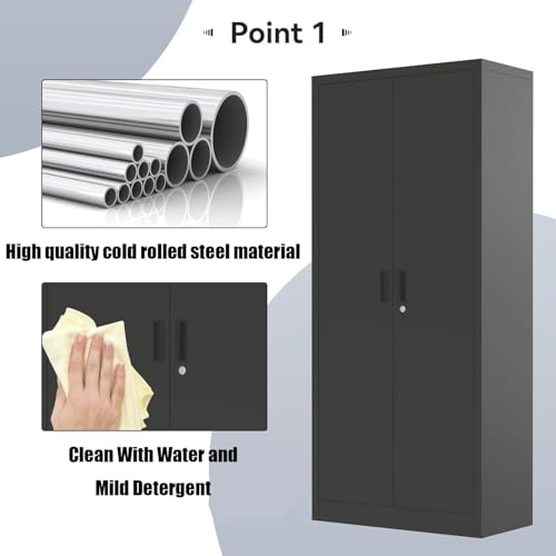 71" Metal Storage Cabinet with Doors, Lock and 4 Adjustable Shelves, Tall Pantry Cabinet for Garage, Office, Bedroom, Shop, Craft Room, Steel Storage Organizer with Adjustable Feet,Black GAOMON