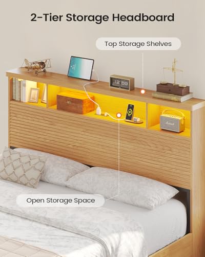 VIAGDO Wood Bed Frame Queen Size with 4 Storage Drawers & Bookcase Headboard, Led Wooden Queen Bed Frame with Charging Station,No Box Spring Needed,Wood VIAGDO