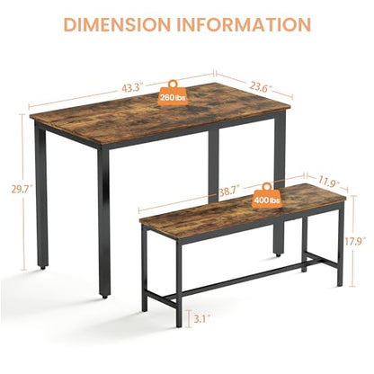 ROCKINGRUN Rustic Brown Bar Table Set with 2 Benches for 4 - Compact Dining Solution for Small Spaces - WoodArtSupply