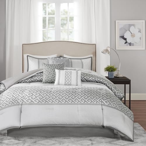 Madison Park Luxury Comforter Set-Traditional Jacquard Design All Season Down Alternative Bedding, Matching Bedskirt, Decorative Pillows, King(104"x92"), Bennett, Geometric Grey, 7 Piece Madison Park