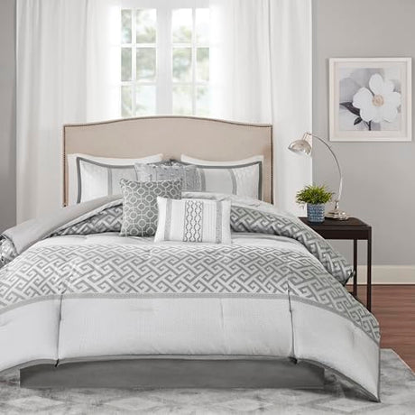 Madison Park Luxury Comforter Set-Traditional Jacquard Design All Season Down Alternative Bedding, Matching Bedskirt, Decorative Pillows, King(104"x92"), Bennett, Geometric Grey, 7 Piece Madison Park
