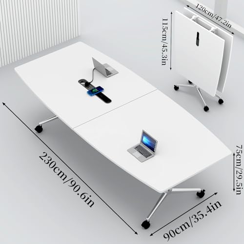 7.5FT Folding Conference Room Table for 6-8 People, 90.6" Meeting Seminar Table with Power Outlets & Cable Grommets Metal Frame for Office Conference, Executive & Collaborative Spaces (1, G, 90.6in) CUFEFi