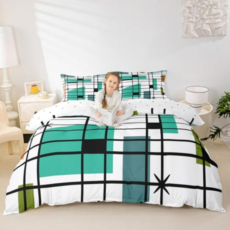 Retro Atomic Comforter Cover White Turqoise Black Bed Set, Geometric Lines Stripes Duvet Cover Queen Size Mid Century Minimalist Bedding Sets, Fifties Old Fashion Bedspread Cover Microfiber 3pcs Erosebridal