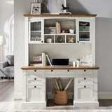 OKD 60" Executive Desk with Hutch and Drawers, Farmhouse Home Office Desk with Charging Station, Keyboard Tray, File Cabinet Storage, Wood Computer Desk for Work and Study, Antique White OKD