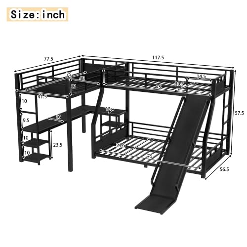 Bellemave L-Shaped Triple Bunk Bed Twin Over Full with Slide, Desk & Shelves, Metal Floor Bunk Beds with 2 Ladders & Guardrails for Kids Teens, Black Bellemave