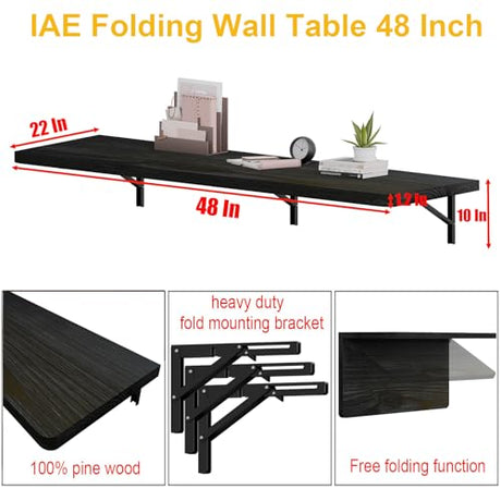 IAE Floating Wall Mounted Folding Table Desk with Pine Wood,48" x 22" Folding Workbench,Fold Down Wall Mounted Foldable Desk with Shelf Brackets,Laundry Table for Home,Dining,Office,Kitchen,Black IAE