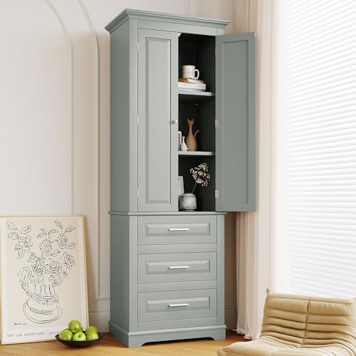 62.2" Wide Storage Cabinet Pantry Cupboard with Doors and Drawers for Home Kitchen, Bathroom and Living Room, Adjustable Shelf, White Merax