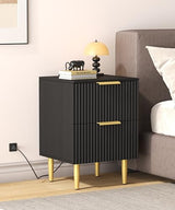 Akxomel Black Nightstand Set of 2, Fluted Night Stand with Charging Station, 13.8" D x 15" W x 23.2" H, 2 Drawers Modern Bedside Table with USB Ports and Outlets, Golden Side Table for Bedroom Akxomel