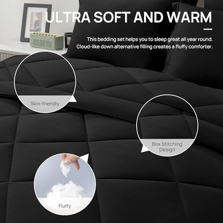 Love's cabin Twin Comforter Set Black, 5 Pieces Twin Bed in a Bag, All Season Bedding Sets with 1 Comforter, 1 Flat Sheet, 1 Fitted Sheet, 1 Pillowcase and 1 Pillow Sham Love's cabin