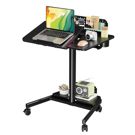 JOY worker Mobile Standing Desk with 60° Tiltable Desktop, 28" Height Adjustable Rolling Desk, DIY Pegboard & Storage Base, Portable Laptop Desk with 4 Lockable Wheels for Home Office, Black JOY worker