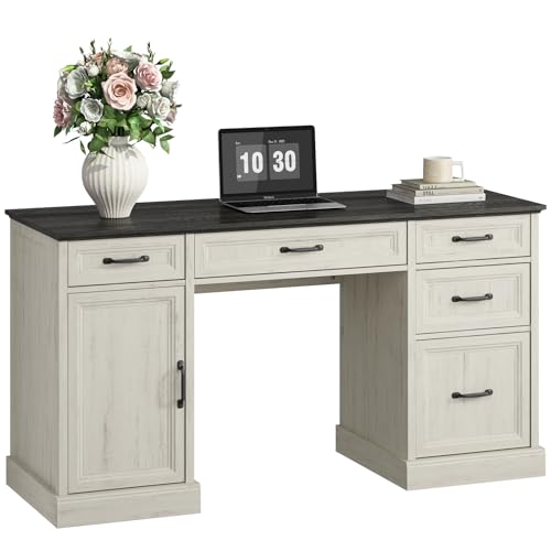 CARPETNAL 58'' Farmhouse Executive Desk with Drawers, Home Office Desk with File Drawer and Storage Cabinet, Rustic Computer Desk for Working, Studying, Writing, White CARPETNAL
