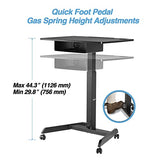 AVLT 44" Height Adjustable Foot Pedal Rolling Desk with Shelf (3 ft 8 inches) - Pneumatic Laptop Standing Desk Cart - Mobile Laptop Cart - Black Computer Projector Cart with Brake Casters AVLT