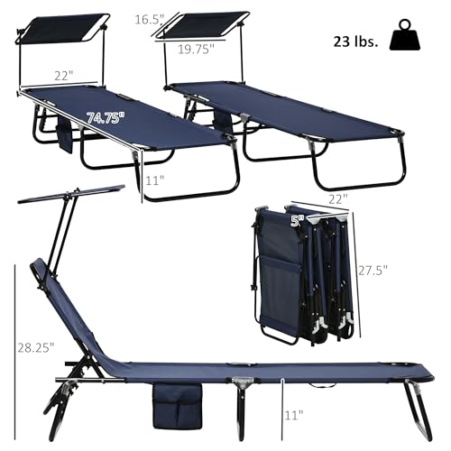 Outsunny Folding Chaise Lounge Pool Lounge Chairs Set of 2, Outdoor Sun Tanning Chairs with Canopy Shade, Reclining Back, Steel Frame and Side Pocket for Beach, Yard, Patio, Dark Blue