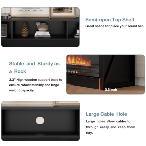 PRETZI 65" Fireplace TV Stand with 60" Glass Electric Fireplace for TVs Up to 75 inch, Modern Fireplace Entertainment Center with Open Storage Shelf, Media Console TV Cabiet for Living Room, Black PRETZI