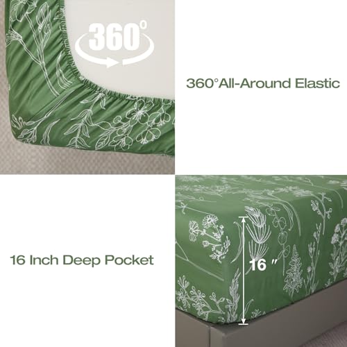 Yibeizi Green Floral Sheet Set King, Botanical Rustic Pattern Bed Sheets Boho Bedding Sheets & Pillowcases Soft Microfiber 15" Extra Deep Pocket Fitted Bedsheet 4 Piece Yibeizi