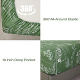 Yibeizi Green Floral Sheet Set King, Botanical Rustic Pattern Bed Sheets Boho Bedding Sheets & Pillowcases Soft Microfiber 15" Extra Deep Pocket Fitted Bedsheet 4 Piece Yibeizi
