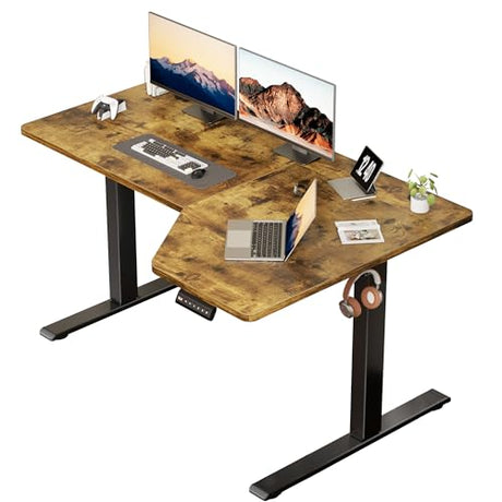 CROWNFURN Electric Corner 55 x 35 Inch L-Shaped Standing Desk Workstation,Memory Controller Height Adjustment,Ergonomic Rising Computer Table with Splice Board, Rustic Brown CROWNFURN