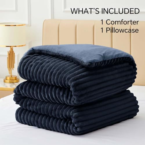 BEDELITE Fleece Twin Comforter Set -Super Soft & Warm Fluffy Navy Blue Bedding, Luxury Fuzzy Heavy Bed Set for Winter with 1 Pillow case BEDELITE