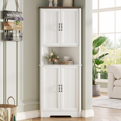 Vabches Tall Corner Cabinet, Corner Bathroom Cabinet, 67" Farmhouse Storage Cabinet with 4 Doors and Adjustable Shelves, Home Space Saver for Bathroom, Kitchen, Living Room, Pantry, White Vabches