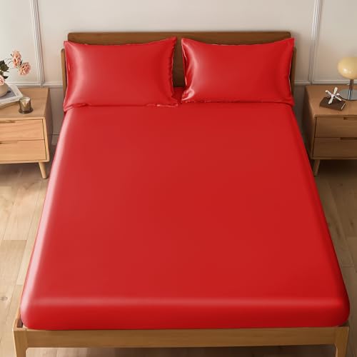 VACVELT 2-Piece Satin Fitted Sheet Set Twin Size, Red Bottom Bed Sheet with 1 Pillowcase, Similar to Silk Sheets, Luxury & Silky Bedding Set, 15 Inch Deep Pocket VACVELT