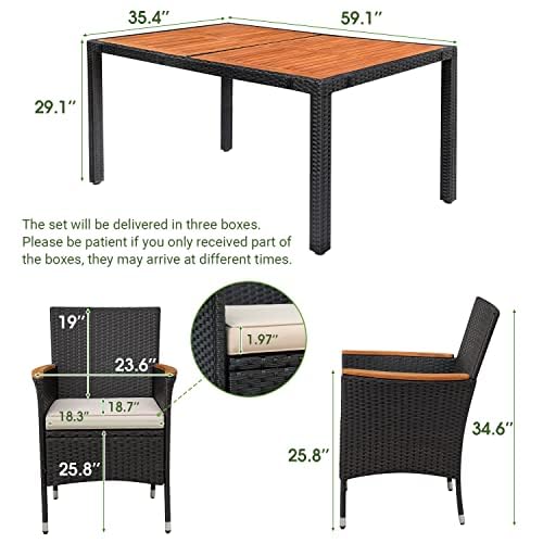 Devoko Dining 7 PCS Furniture, Patio Conversation Set with Acacia Wood Table Top, Rattan Outdoor, Black Devoko