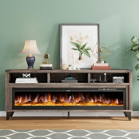 LUXOAK 65“ Fireplace TV Stand, Farmhouse Entertainment Center with 60" Tempered Glass Electric Fireplace, Industrial Media Console with Open Storage Space for TVs up to 75", Light Gray LUXOAK