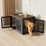 HMHTCT 48 Inch Heavy-Duty Dog Crate Furniture, Decorative Wooden End Table Kennel with Waterproof Top & Wide Metal Tubes, for Large & Extra Large Dogs, Black + Rustic Brown HMHTCT