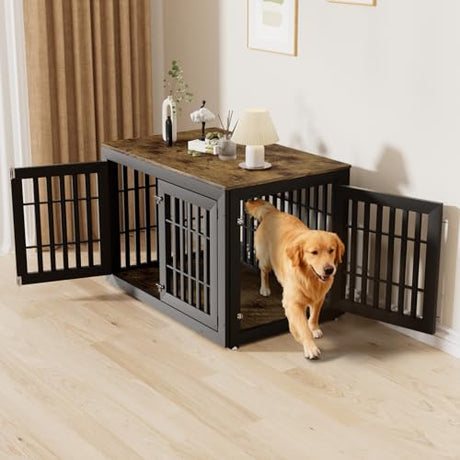HMHTCT 48 Inch Heavy-Duty Dog Crate Furniture, Decorative Wooden End Table Kennel with Waterproof Top & Wide Metal Tubes, for Large & Extra Large Dogs, Black + Rustic Brown HMHTCT