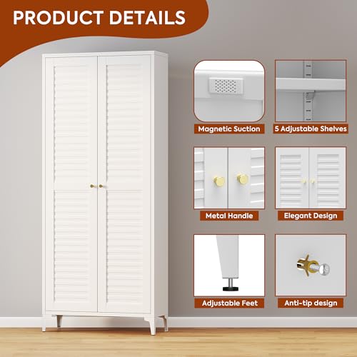 GangMei Metal Kitchen Pantry Cabinet with 2 Doors,Metal Pantry Cabinet with 5 Adjustable Shelves for Kitchen,Home,74.2" H × 31.5" W × 15.75" D,Required Assembly, White GangMei