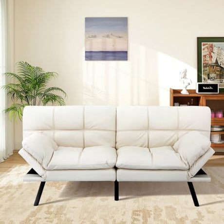 MUUEGM Futon Sofa Bed Memory Foam White Futons Modern Office Couch Sleeper Bed Convertible Love seat Sofa for Small Spaces,Apartment,Office with Adjustable Armrest Backrest MUUEGM