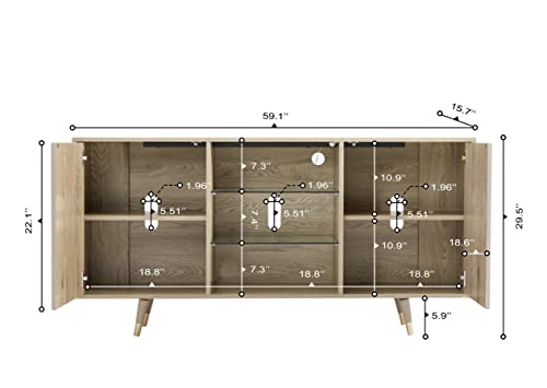 roomfitters Mid Century Modern TV Stand with Storage, Entertainment Center with LED Lights, Sideboard Credenza Buffect Cabinet, Media Console for Living Room (Geometric Grey, Gold Inlayed) - WoodArtSupply