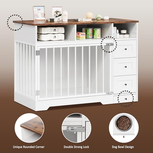 48'' Dog Crate Furniture, Farmhouse Heavy Duty Dog Kennel with Bowl & Storage Drawers, Medium Dog Cage End Table for Small Medium Dogs, White GarveeLife