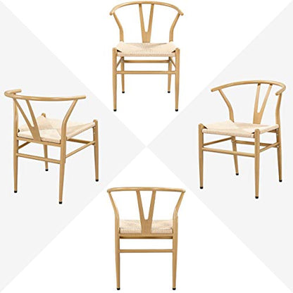 Yaheetech Set of 4 Weave Chair Mid-Century Metal Dining Chair Y-Shaped Backrest Hemp Seat, Wood Color - WoodArtSupply