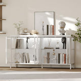 FUNISIR Buffet Cabinet with Storage & LED Light, 55.1" Large Kitchen Sideboard with 4 Glass Doors, Modern Coffee Bar with Metal Frame, Console Table for Living Room, Dining Room, White FUNISIR