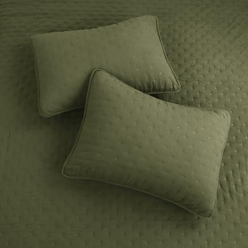 ROARINGWILD Olive Green Cloud Twin Size Quilt Bedding Sets with Pillow Sham, Farmhouse Lightweight Soft Bedspread Coverlet, All Season Rustic Country Thin Comforter, 2 Pieces, 68x90 inches ROARINGWILD