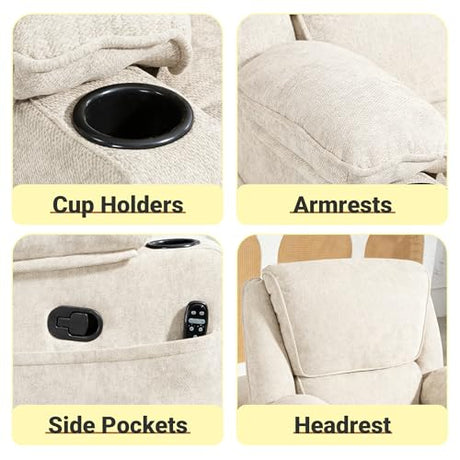Culect 360° Swivel Rocker Recliner Multi-Functional Nursing Chair with Heating and Massage, Manual Recliner Chair with Cup Holders, Lazyboy Recliner Chair for Living Room and Bedroom, Beige Chenille Culect