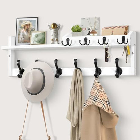 Coat Rack Wall Mount with Shelf, 27.5" Entryway Wall Hanging Shelf, Coat and Key Hanger with 10 Dual Hooks, Mail Organizer and Key Holder Hat Rack for Wall, Wood Coat Hooks with Storage GODDGITT