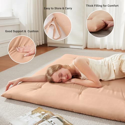 Mollydot Japanese Floor Futon Mattress Queen Size 60"x 80", Foldable Bed Mattress, Portable Tatami Mat Sleeping Pad, Folding Futon Cushion, Roll Up Floor Lounger for Guest Room Dormitory (Khaki) Mollydot