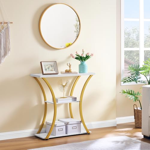 Hoctieon 3 Tier Console Table with Open Wood Shelves, Decorative Entryway Table with Curved Metal Frames, Narrow Sofa Table for Entrance, Living Room, Hallway, Gold and White Marbled Hoctieon